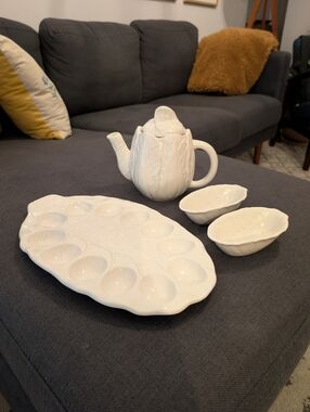 White Ceramic Cabbage Teapot, Egg Plate, Set Of 2 Dip Bowls - Threshold